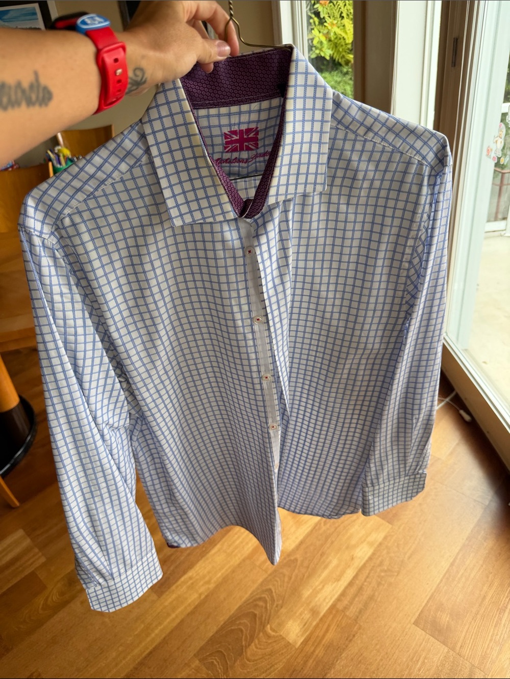 Men's Classic Blue Windowpane Dress Shirt with Contrast Trim